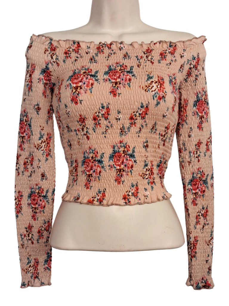 Selfie Floral Top Smocked Blush Pink Off Shoulder Colorful Print Long Sleeve M